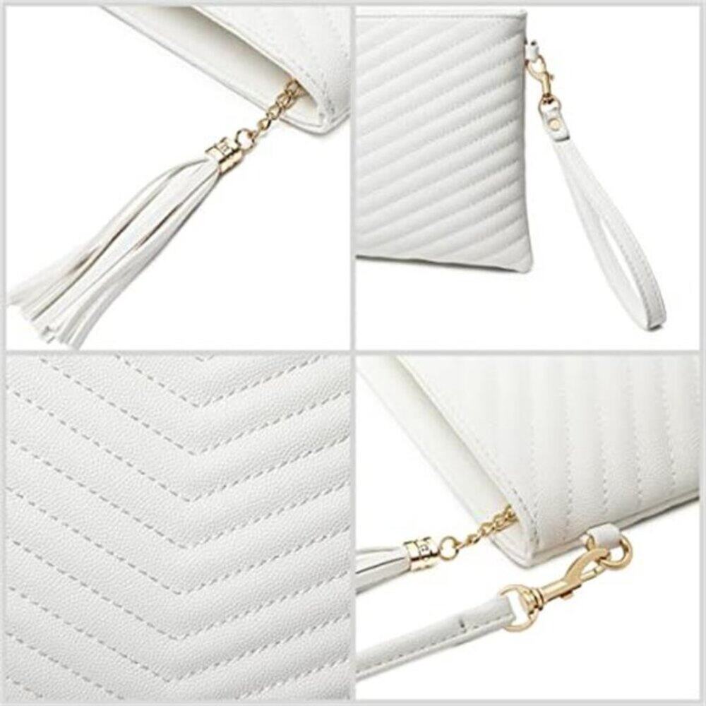 White Vegan Leather Shoulder Bag Clutch Crossbody Wallet With Wristlet Strap - Picture 4 of 7